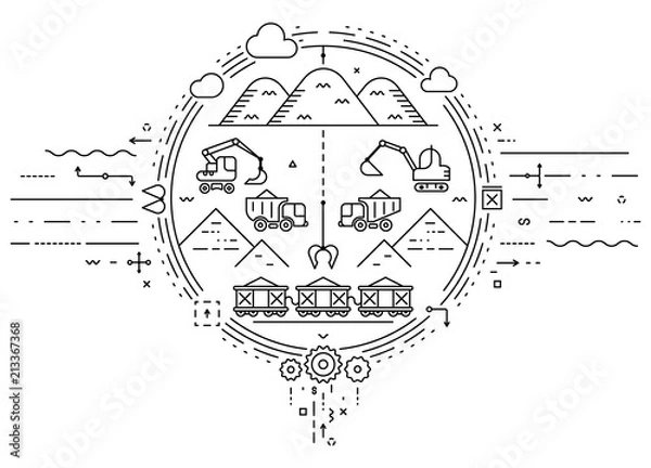 Obraz Global concept of extraction minerals, soil, sand, gravel. Extraction with excavator and transportation with dumper truck and freight train. Flat infographics. Linear illustration.