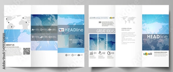 Fototapeta The minimalistic abstract vector illustration of editable layout of two creative tri-fold brochure covers design business templates. World map on blue, geometric technology design, polygonal texture.