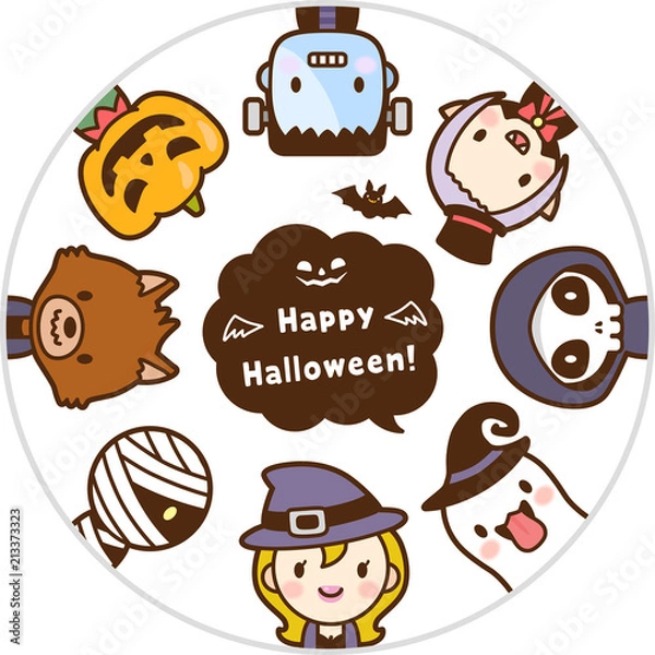 Obraz ハロウィンのかわいいモンスター　ハッピーハロウィン　顔　丸　アイコン　セット