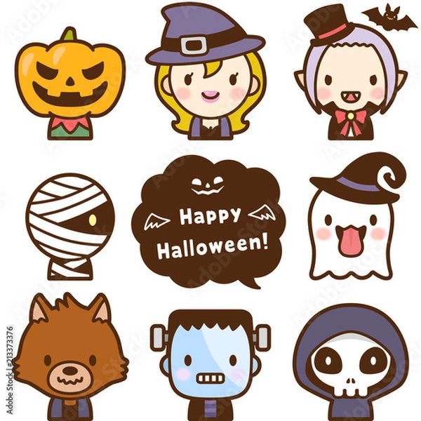 Obraz ハロウィンのかわいいモンスター　ハッピーハロウィン　顔　アイコン　セット