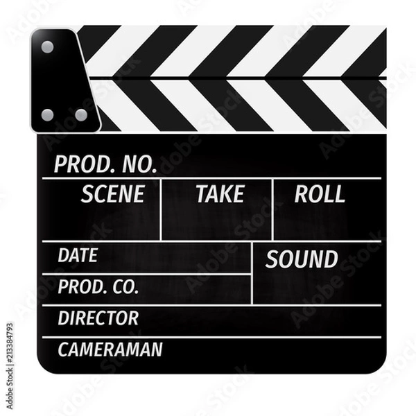 Fototapeta Clapperboard - movie clapper vector. Open black clapper board for the action scene or filming and shooting movie. Cinéma. Filmklappe geöffnet und leer.