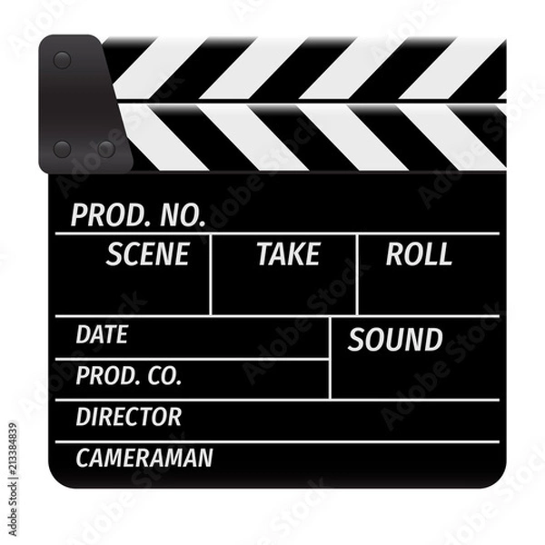 Fototapeta Clapperboard - movie clapper vector. Open black clapper board for the action scene or filming and shooting movie. Cinéma. Filmklappe geöffnet und leer.