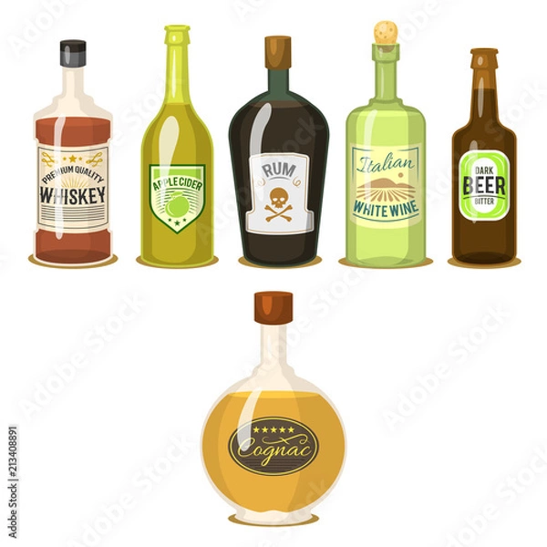 Obraz Alcohol strong drinks in bottles cartoon glasses whiskey cognac brandy wine vector illustration