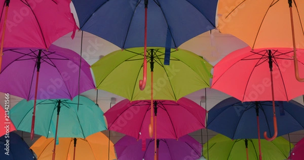 Fototapeta colorful outdoor umbrellas, bright positive background, panorama,