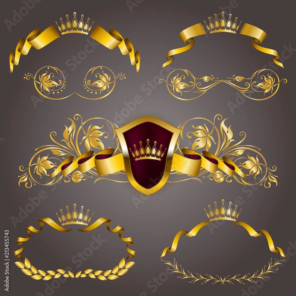 Fototapeta Set of gold vip monograms for graphic design on gray background. Elegant graceful frame, ribbon, filigree border, crown in vintage style for wedding invitations, card, logo, icon. Vector illustration.