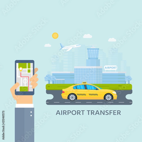Fototapeta Banner with the machine yellow cab in the city. Hand holding phone with taxi service mobile app .