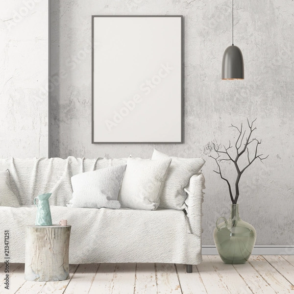 Fototapeta Mock up poster in an interior in Scandinavian style with a sofa. 3D rendering
