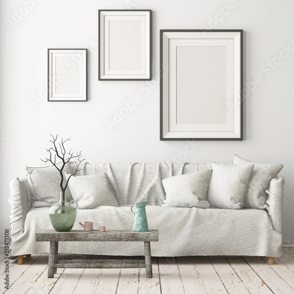 Fototapeta Mock up poster in an interior in Scandinavian style with a sofa. 3D rendering