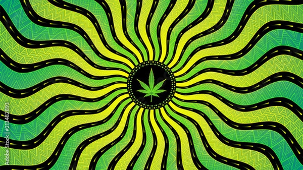 Obraz Magiczny liść konopi; Święta złożona geometria; Cudowna mandala w psychodelicznym stylu trance; Ilustracja wektorowa, format poziomy.