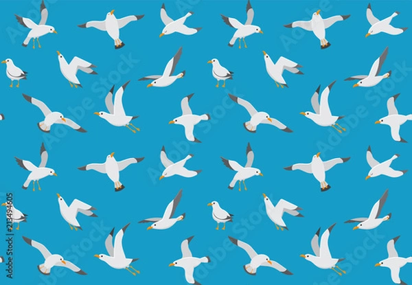 Fototapeta Seagulls seamless pattern. Cartoon gull flying over sea. Marine vector endless texture