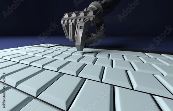 Fototapeta Robotic Hand Pressing Enter Key On Keyboard. 3d rendering. working with computer keyboard