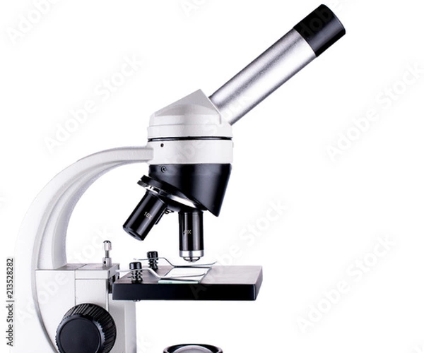 Fototapeta Microscope top part closeup, white background isolated