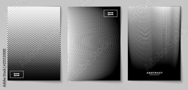 Fototapeta Set of vertical abstract backgrounds with halftone pattern in black and white colors. Design template of flyer, banner, cover, poster in A4 size. Vector 