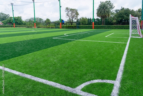 Obraz Green artificial grass field,soccer line.