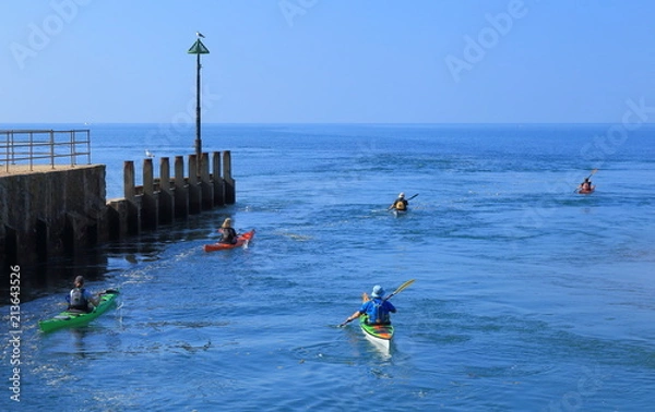 Obraz Kayaker passing wooden groyne on the sea near town of Seaton in East Devon