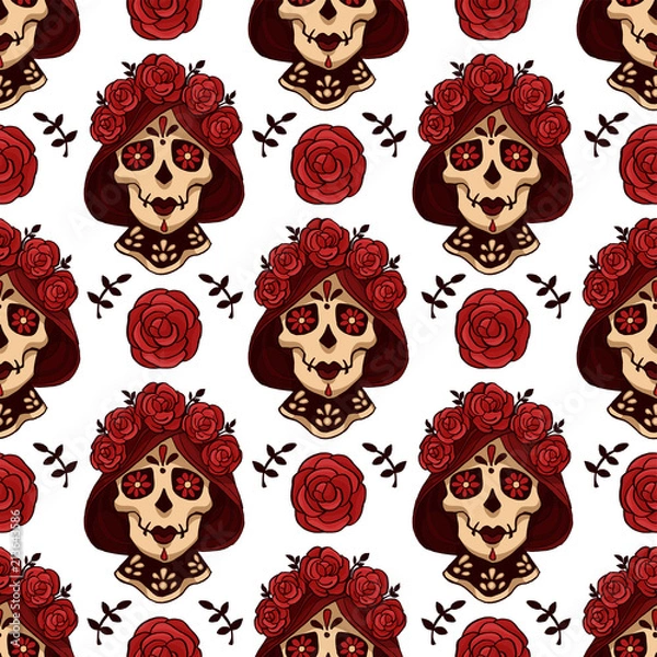 Fototapeta Santa Muerte calavera seamless vector pattern
