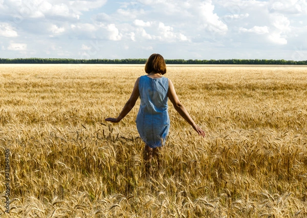 Fototapeta The girl is on the yellow wheat field. White clouds and blue sky in the background.