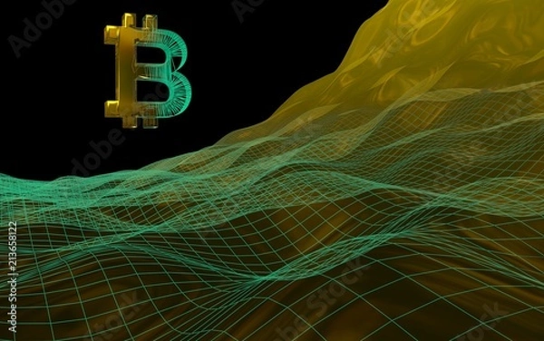 Fototapeta Digital currency, golden symbol Bitcoin on abstract dark background. Growth of the cryptocurrency market. Business, finance and technology concept. 3D illustration