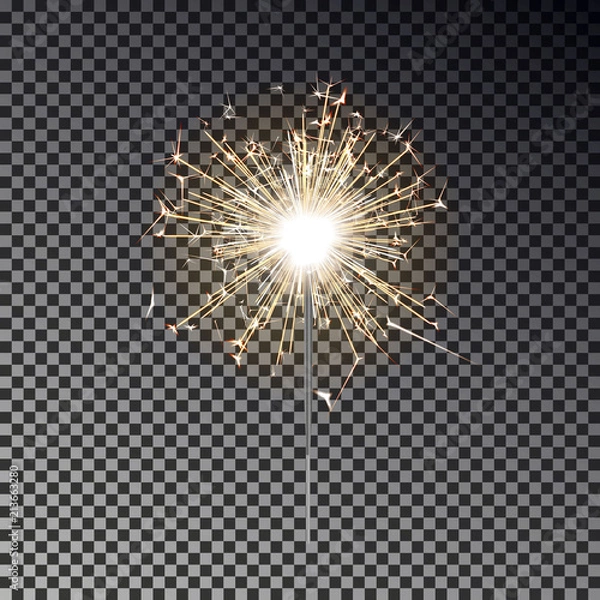 Fototapeta Bengal fire. New year sparkler candle isolated on transparent background. Realistic vector light eff