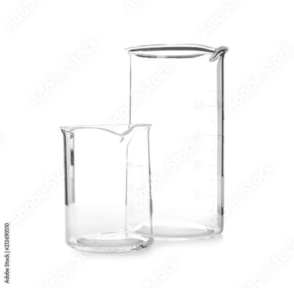 Fototapeta Empty beakers on white background. Laboratory analysis equipment