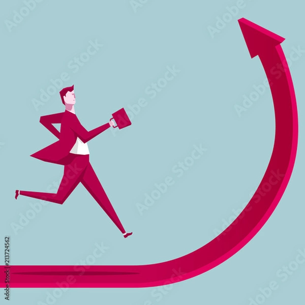 Fototapeta Businessman is running on the arrow. The background is blue.