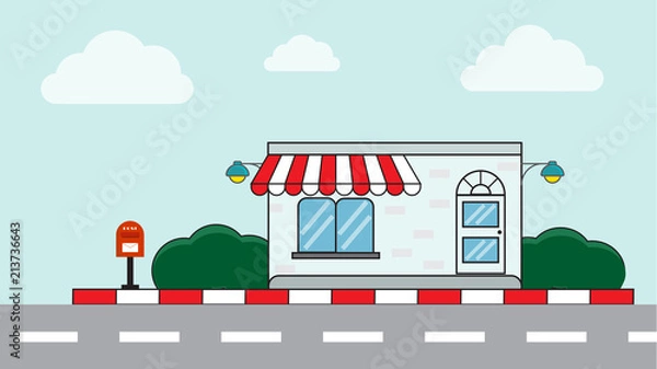 Obraz Shopping mall building on road background.