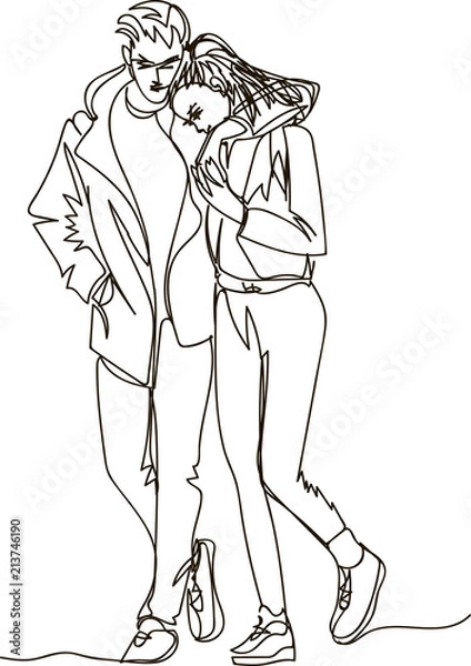 Fototapeta Walking couple. Continuous line drawing