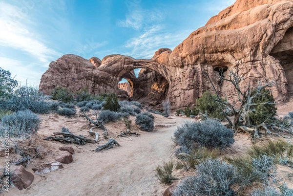 Fototapeta Pathway view of Double Arch in Arches National Park, Moab Utah