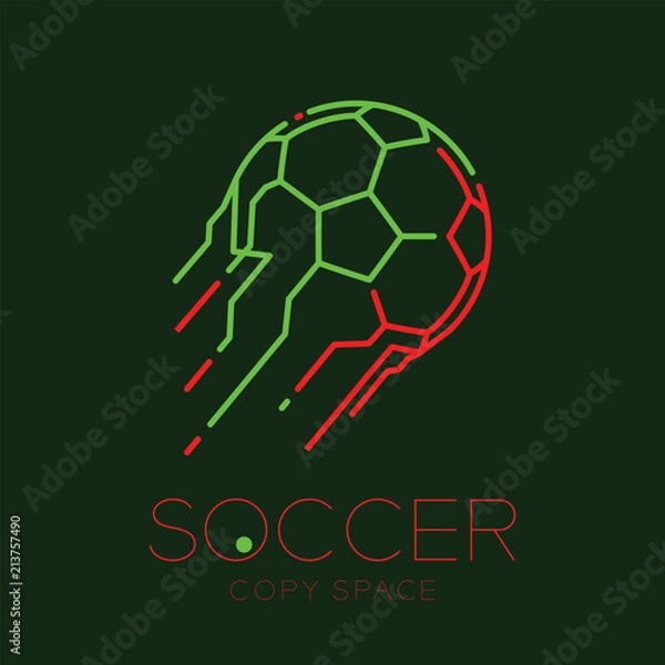 Fototapeta Soccer ball shooting logo icon outline stroke set dash line design illustration isolated on dark green background with soccer text and copy space