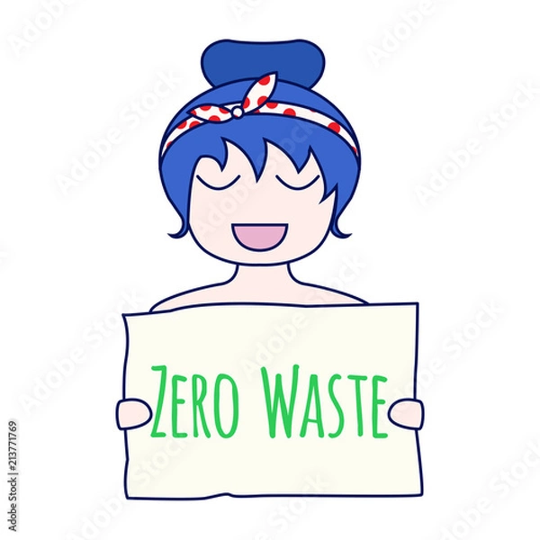 Fototapeta Zero waste concept. Environment protection poster. Zero waste illustration. Smiling girl with Zero waste sign in her hands. Zero waste sign. Vector illustration.