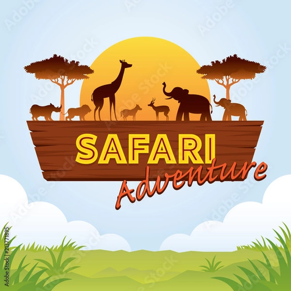 Fototapeta Afrykański znak przygody safari z sylwetka zwierząt