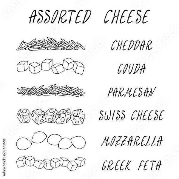 Fototapeta Assorted Popular Cheese Kinds Set. Grated Chedder, Parmesan, Gouda, Swiss, Feta Cubes, Mini Mozzarella. Pizza Ingredients. Hand Drawn High Quality Clean Vector Realistic Illustration. Doodle Style.