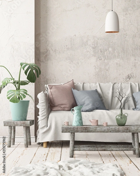 Fototapeta Mock up interior in Scandinavian style with a sofa. 3D rendering