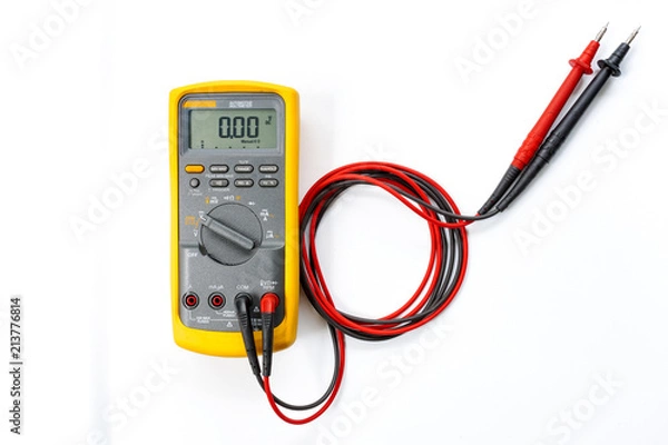 Fototapeta Yellow Digital multimeter with probes on white background , A multimeter  is an electronic measuring instrument.