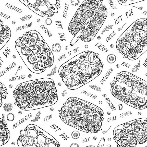Fototapeta Hot Dog and Lettering Seamless Endless Pattern. Many Ingredients. Restaurant or Cafe Menu Background. Street Fast Food Collection. Realistic Hand Drawn High Quality Vector Illustration. Doodle Style.