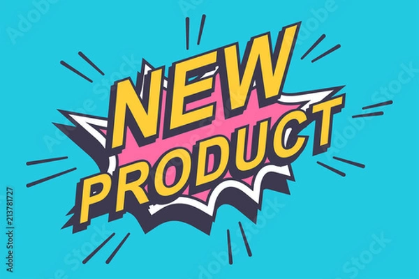 Fototapeta New product sticker, label. Vector comics bubble icon isolated on a blue background.