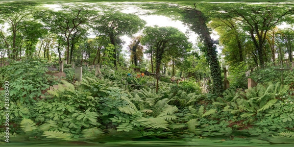 Fototapeta Old cemetery in summer. Graveyard with green trees Tombs in the forest with grass. 3D spherical panorama with 360 degree viewing angle. Ready for virtual reality in vr. Full equirectangular projection