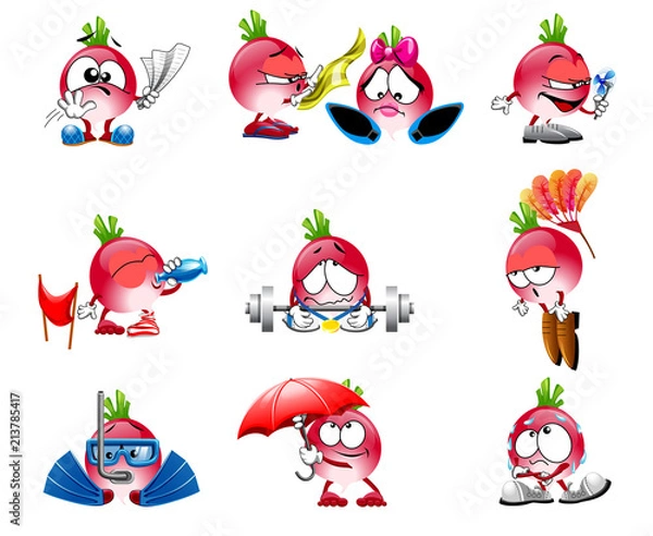Fototapeta vector cute radish smile characters funny smiles emotions sport set of smiles