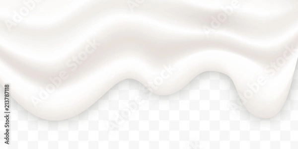 Fototapeta Liquid creamy white texture flowing on wide background, vector illustration. Yogurt realistic texture layers isolated on transparent background. Liquid cream pouring, yoghurt background.