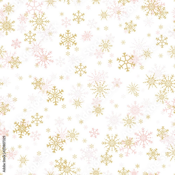 Fototapeta Vector seamless pattern of gold and pink snowflakes.