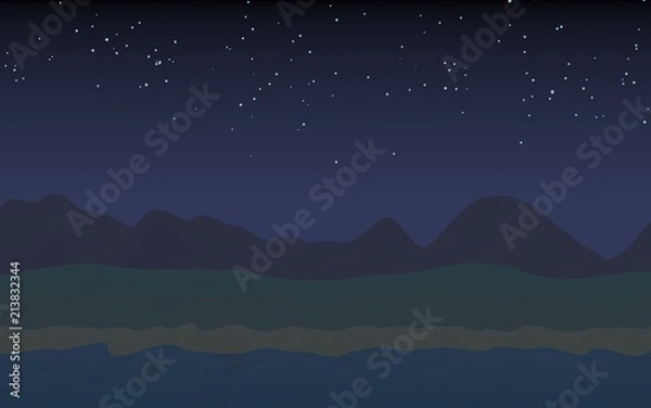 Fototapeta Starry moonless sky. Ocean shore line with waves on a beach. Island beach paradise with waves. Vacation, summer, relaxation. Seascape, seashore. Minimalist landscape, primitivism. 3D illustration
