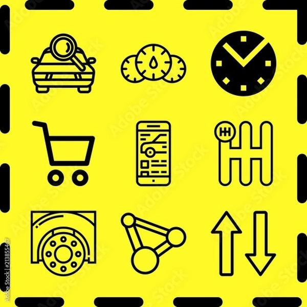 Fototapeta Simple 9 icon set of business related gear, clock, car search and dashboard vector icons. Collection Illustration