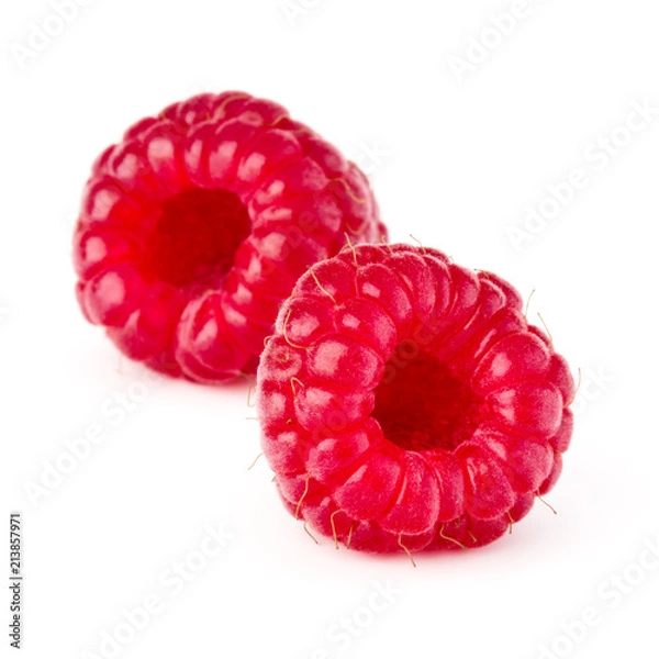 Obraz two ripe raspberries isolated on white background close up