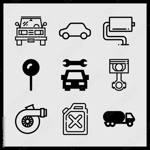 Fototapeta Simple 9 icon set of car related tanker, car, pin and car vector icons. Collection Illustration