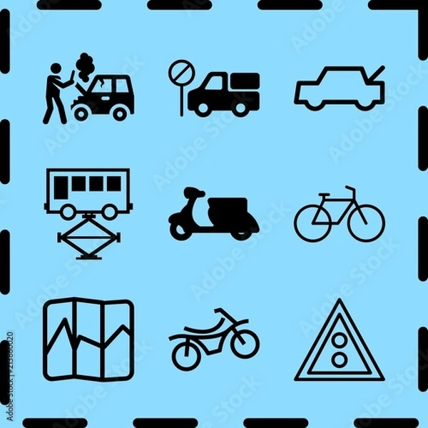 Fototapeta Simple 9 icon set of travel related trunk, car breakdown, stop truck and traffic signal vector icons. Collection Illustration