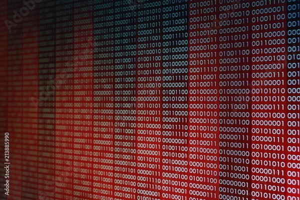 Fototapeta computer technology background. red binary code computer language data transfers. unsecured and dangerous big data and ai artificial intelligence cyber network. digital business environment.