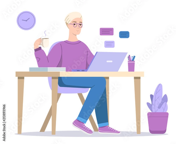 Fototapeta Man at computer vector illustration of boy texting in chat in laptop with coffee sitting at table. Cartoon designer, social media blogger or office manager in glasses at home or workplace