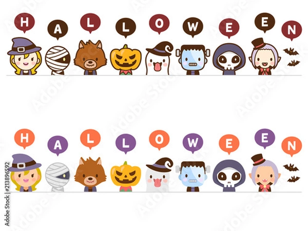 Obraz ハロウィンのかわいいモンスター　ハッピーハロウィン　顔　線あり＆フラット　セット