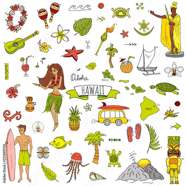 Obraz Hand drawn doodle Hawaii icons set Vector illustration isolated symbols collection of hawaiian symbols Cartoon elements: USA state map Honolulu State Hula girl Surfing guy Volcano Guitar Paradise Art