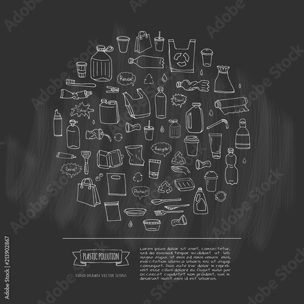 Fototapeta Hand drawn doodle Stop plastic pollution icons set Vector illustration sketchy symbols collection Cartoon concept elements Bag Bottle Recycle sign Package Disposal waste Contamination disposable dish